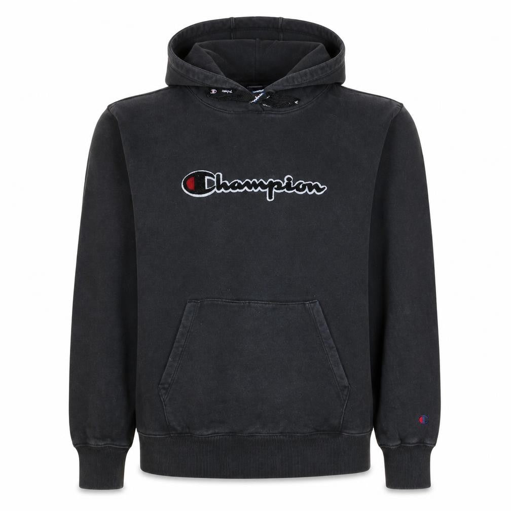Front view of Champion Men's Black Small Pullover Hoodie with Logo Embroidery