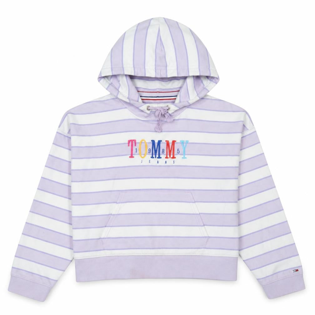 Front view of Tommy Jeans women’s lilac striped pullover hoodie, size L, cotton