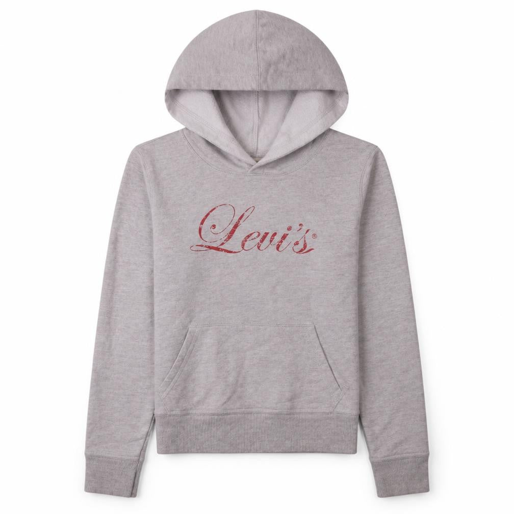 Front view of Levi's women’s grey pullover hoodie small hooded logo sweatshirt