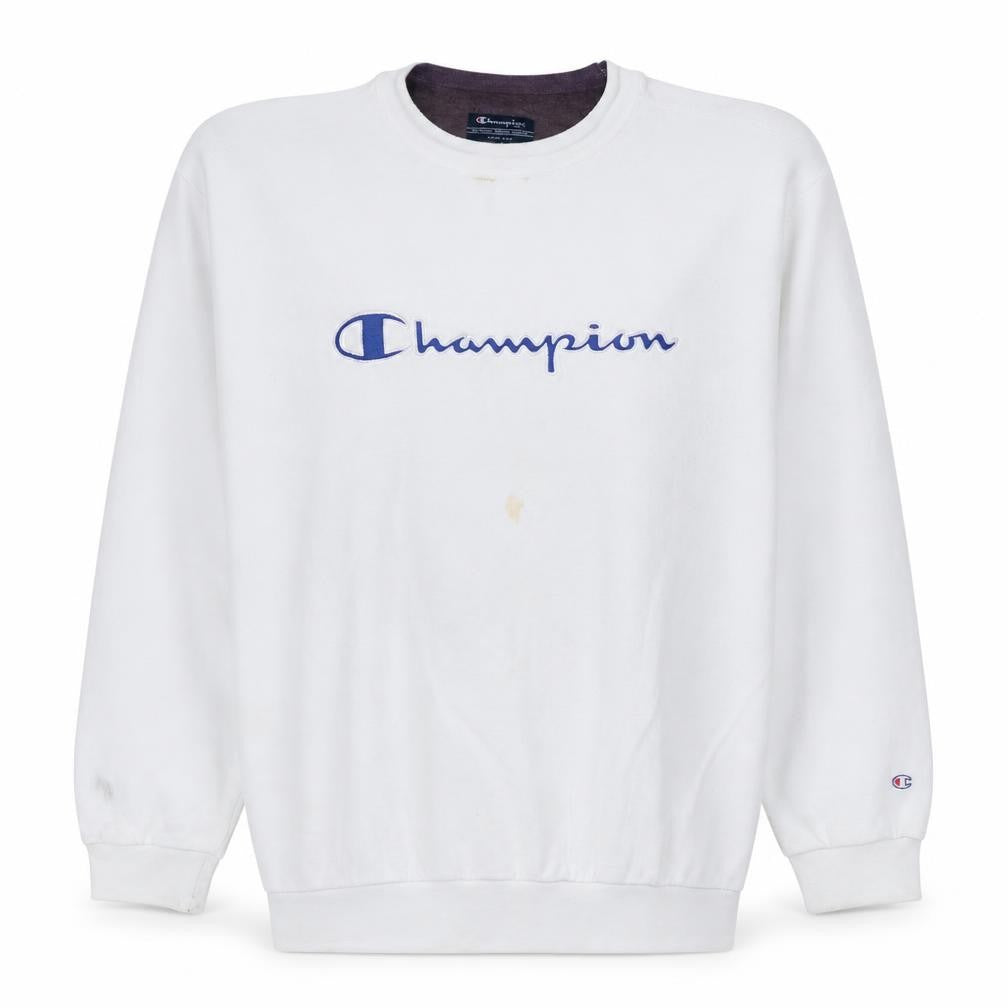 Front view of Champion Men's White L Pullover Sweatshirt Embroidered Logo