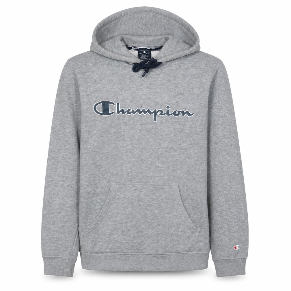 Front view of Champion Men Grey Logo Pullover Hoodie, size M, Regular Fit