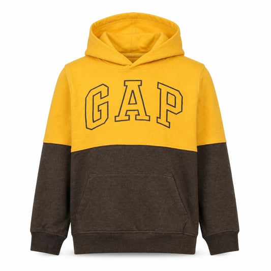 Front view of Gap Kids boys’ yellow and brown pullover hoodie l cotton blend