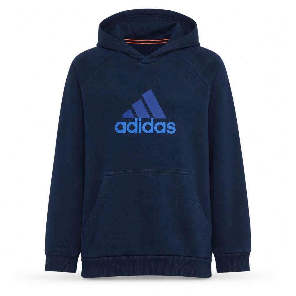 Front view of Adidas boys’ navy blue pullover hoodie 15-16 years performance essentials
