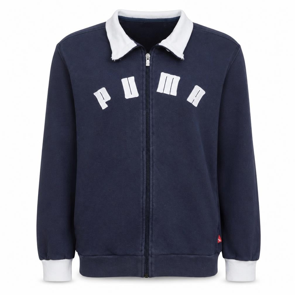 Front view of Puma women’s navy full zip sweatshirt, size UK 12, cotton blend