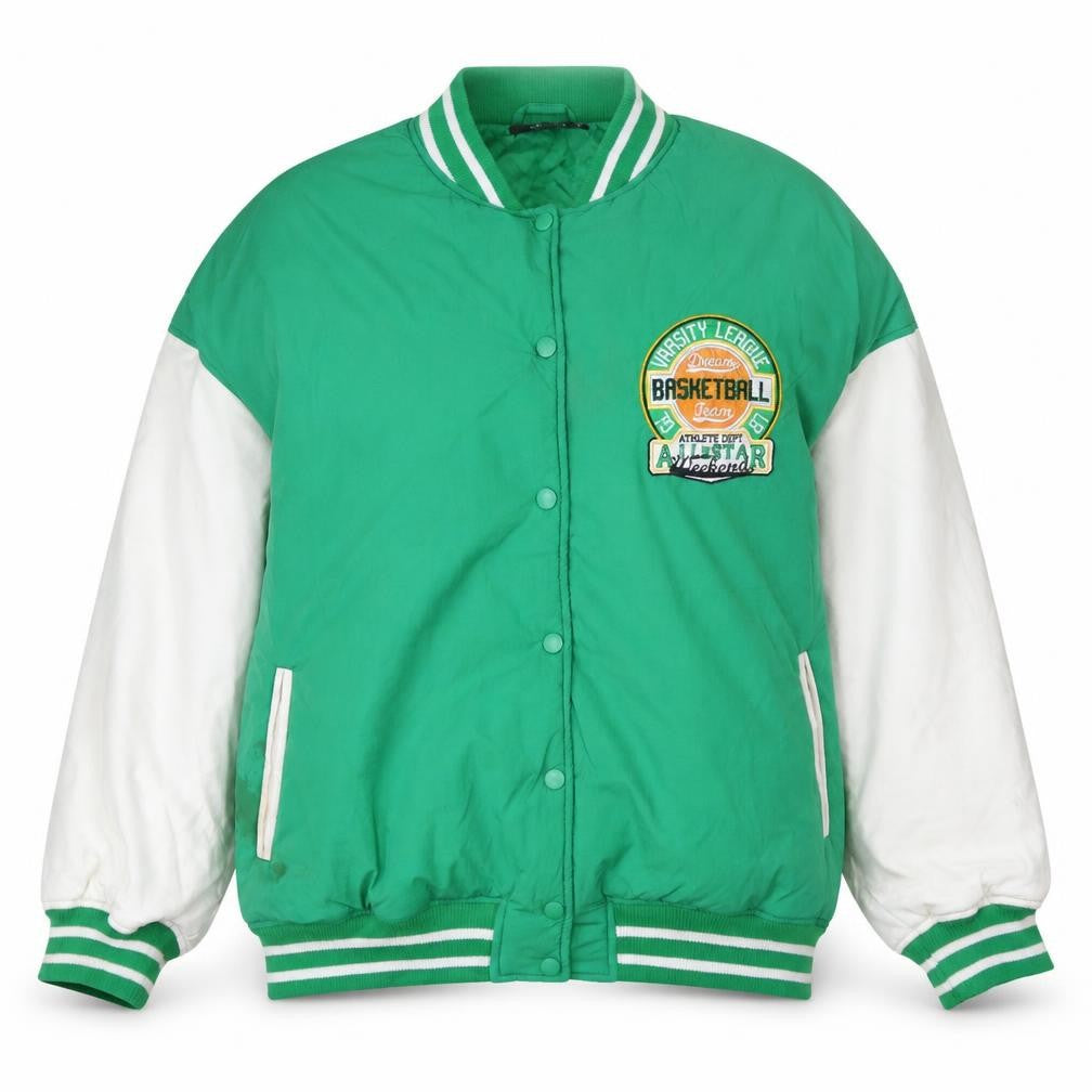 Front view of Missguided women’s green varsity jacket uk 10 casual baseball style