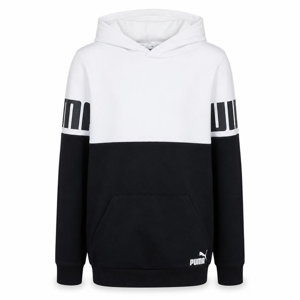 Front view of Puma boys’ white and black pullover hoodie, size 13-14, years colourblock