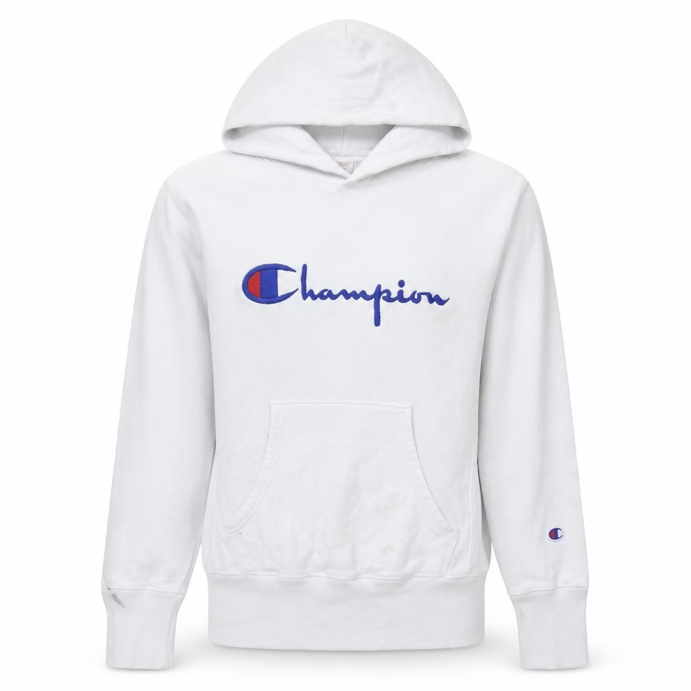 Front view of Champion Men's White Medium Pullover Hoodie with Logo Embroidery