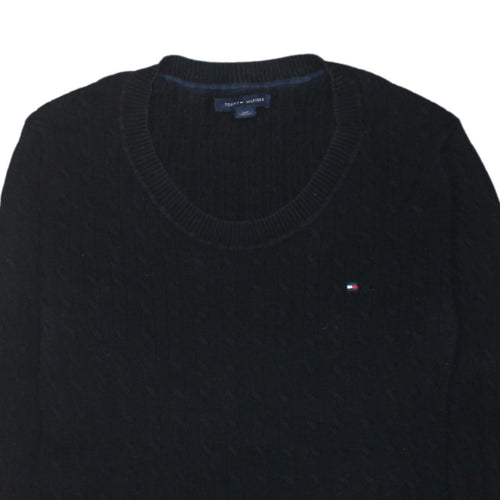 Tommy Hilfiger Men's Black Cable-Knit Cotton Crew Neck Jumper M