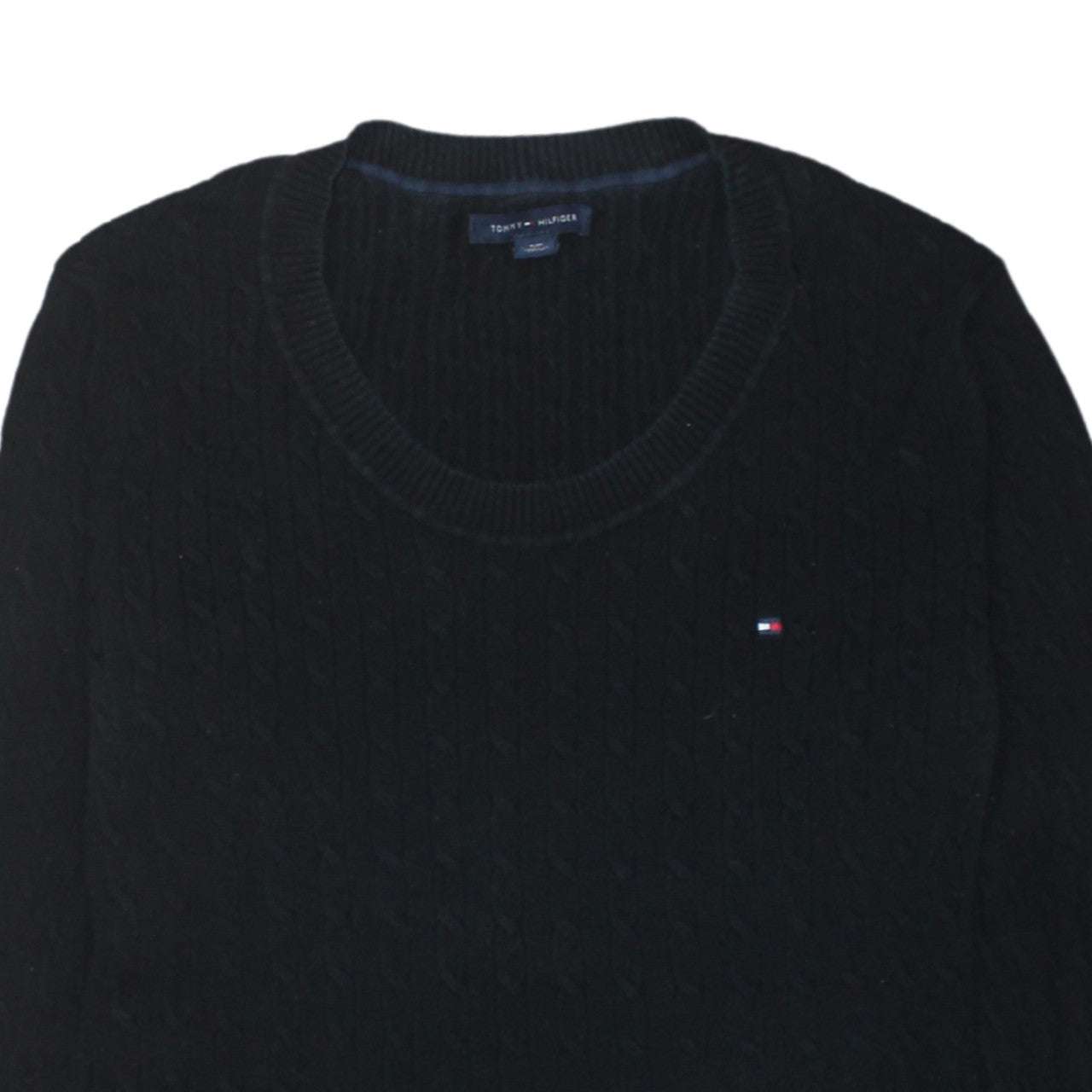 Tommy Hilfiger Men's Black Cable-Knit Cotton Crew Neck Jumper M