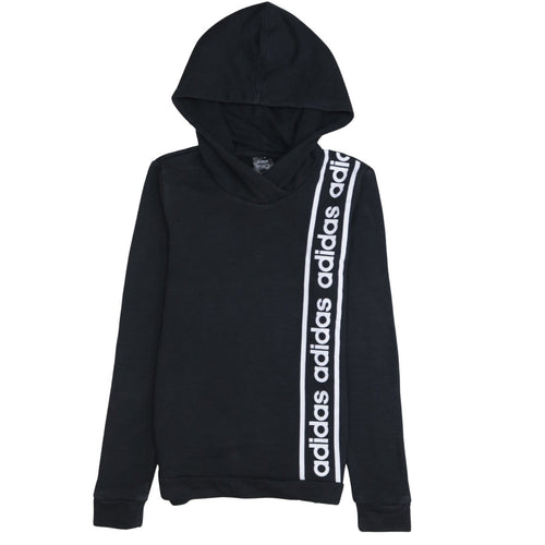 adidas Teens Black XS Pullover Hoodie with Logo Stripe Design