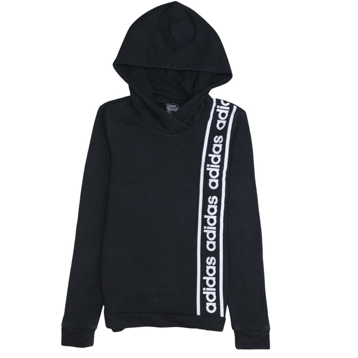 adidas Teens Black XS Pullover Hoodie with Logo Stripe Design