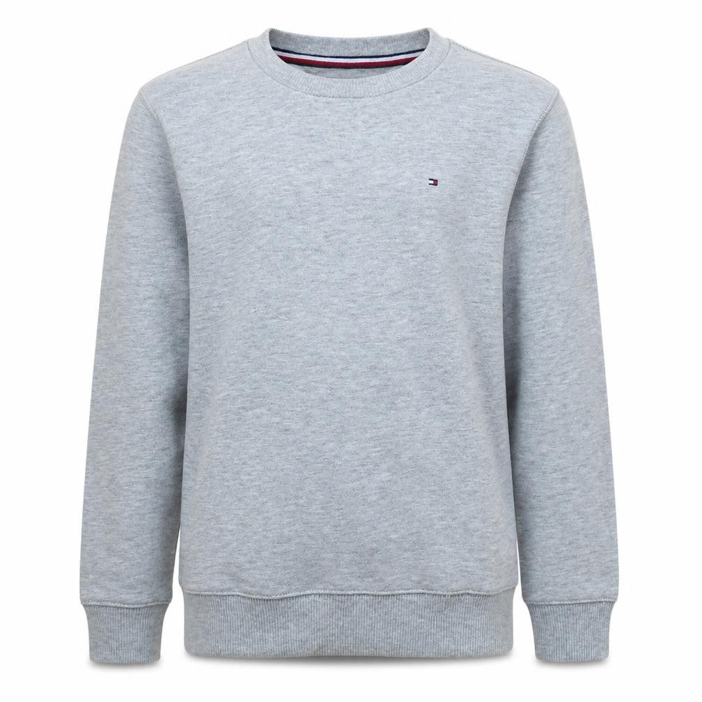 Front view of Tommy Hilfiger boys’ grey sweatshirt, size 152, cotton blend crew neck