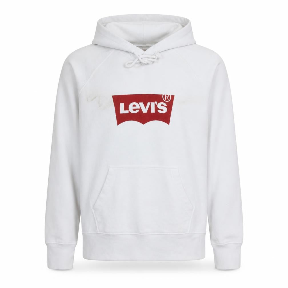 Front view of Levi's Men's White Pullover Hoodie Medium Graphic Logo Sweatshirt