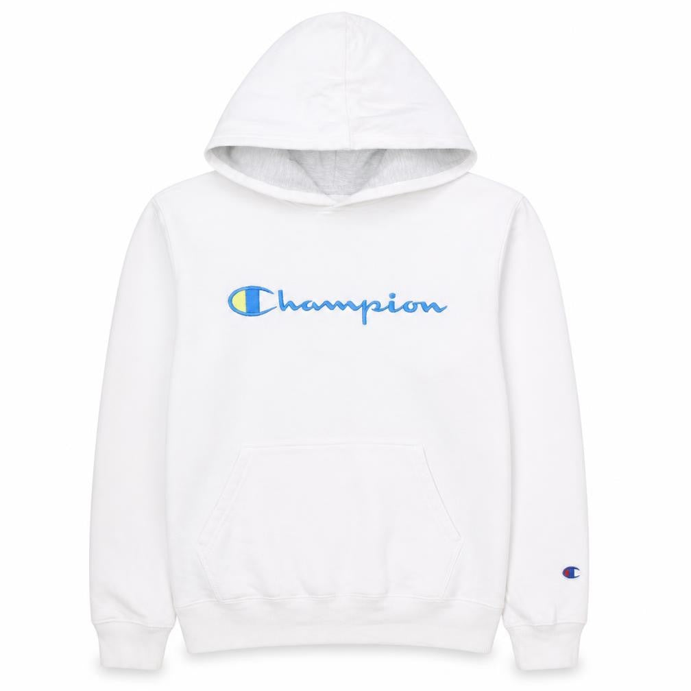 Front view of Champion boys’ white pullover hoodie, size L, embroidered logo cotton blend
