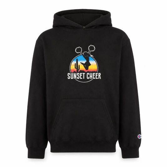 Front view of Champion boys’ black graphic pullover hoodie yl sunset cheer #alwaysrising