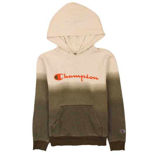 Champion Boys Beige & Green Pullover Hoodie L Logo Print Cotton Blend