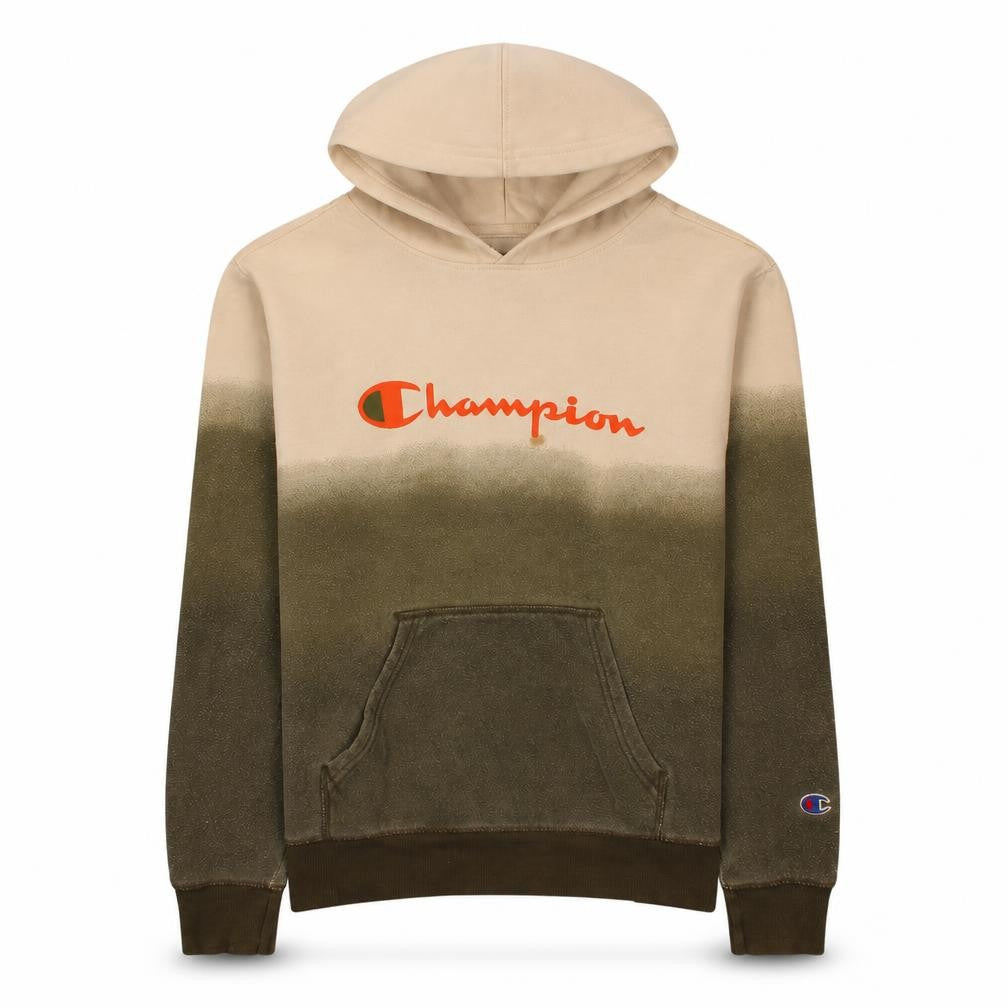 Front view of Champion boys’ beige & green pullover hoodie l logo print cotton blend