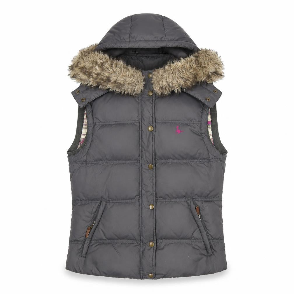 Jack Wills Womens Grey Hooded Faux Fur Trim Puffer Waistcoat UK 12