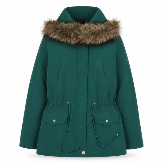 Front view of Primark Women’s Green Faux Fur Hooded Parka Coat, size UK 12