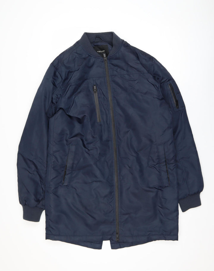 Villain Men's Blue Mid-Length Bomber Jacket Size M Polyester Zip