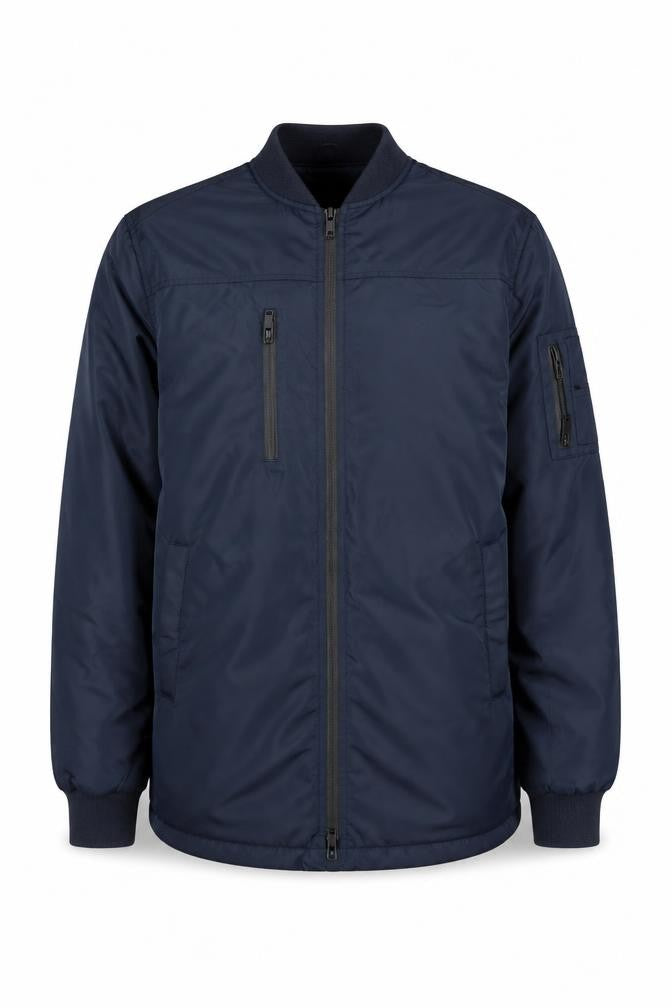 Front view of Villain Men's Blue Mid-Length Bomber Jacket, size M, Polyester Zip