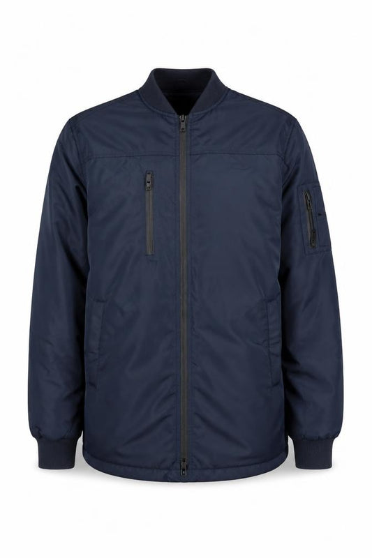 Front view of Villain Men's Blue Mid-Length Bomber Jacket, size M, Polyester Zip