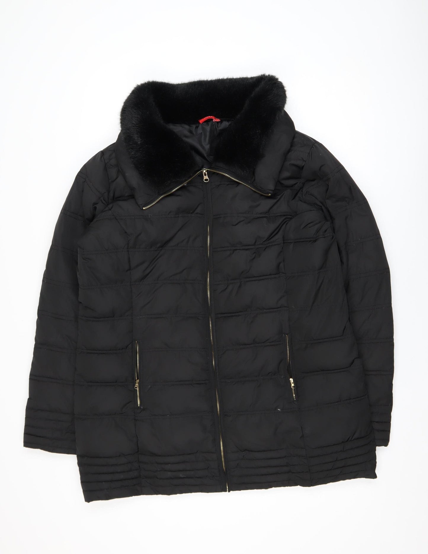 Tissaia Women Black Faux Fur Collar Mid-Length Puffer Coat Size 20