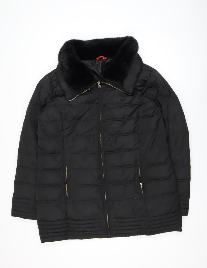 Tissaia Women Black Faux Fur Collar Mid-Length Puffer Coat Size 20