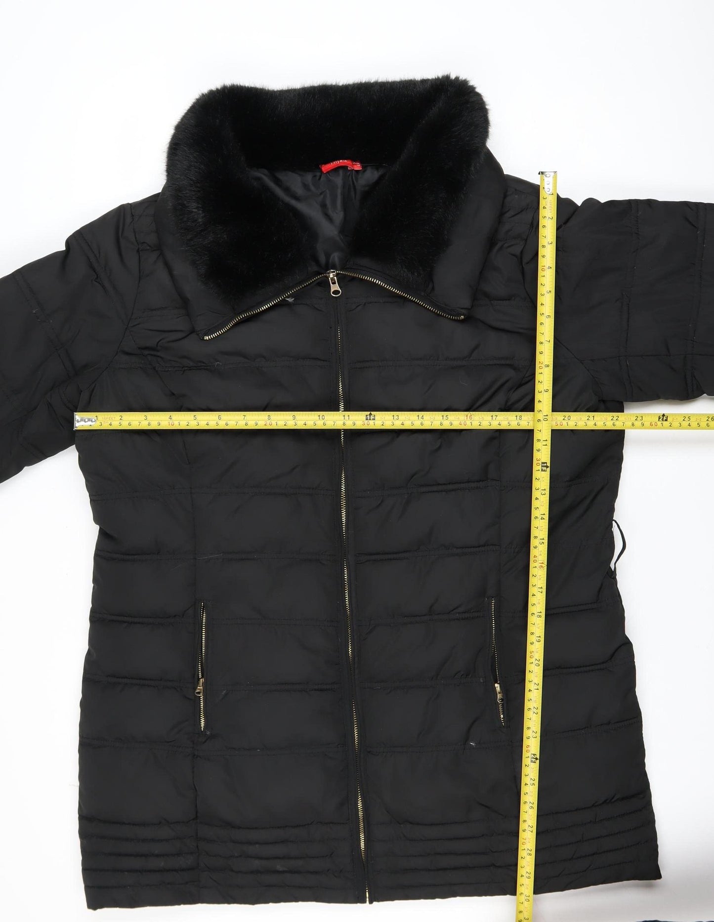 Tissaia Women Black Faux Fur Collar Mid-Length Puffer Coat Size 20