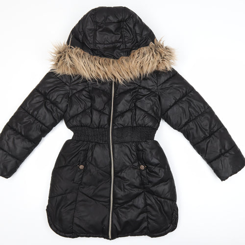 Michael Kors Girls Black Long Puffer Coat 10-11 Years Hooded Faux Fur Trim