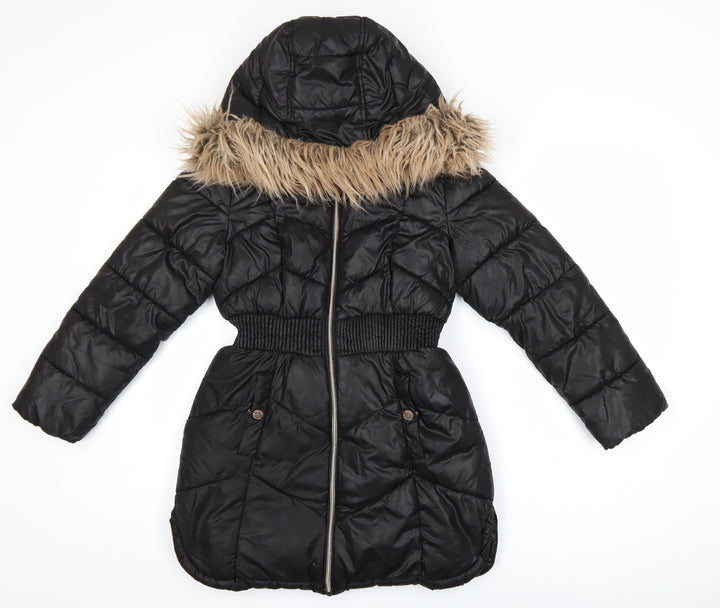 Michael Kors Girls Black Long Puffer Coat 10-11 Years Hooded Faux Fur Trim