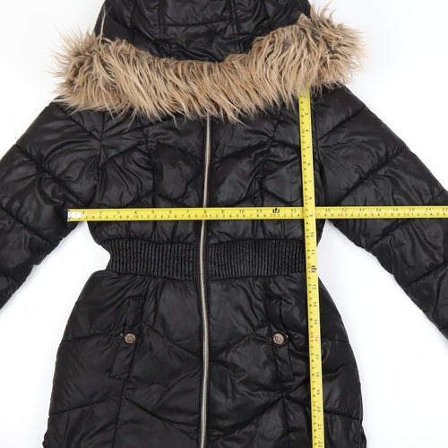 Michael Kors Girls Black Long Puffer Coat 10-11 Years Hooded Faux Fur Trim