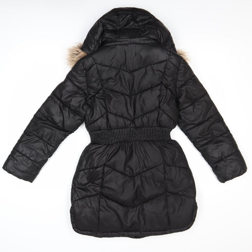 Michael Kors Girls Black Long Puffer Coat 10-11 Years Hooded Faux Fur Trim