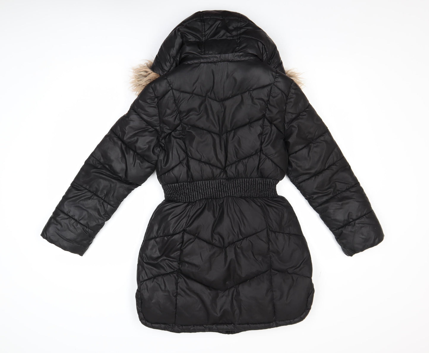 Michael Kors Girls Black Long Puffer Coat 10-11 Years Hooded Faux Fur Trim