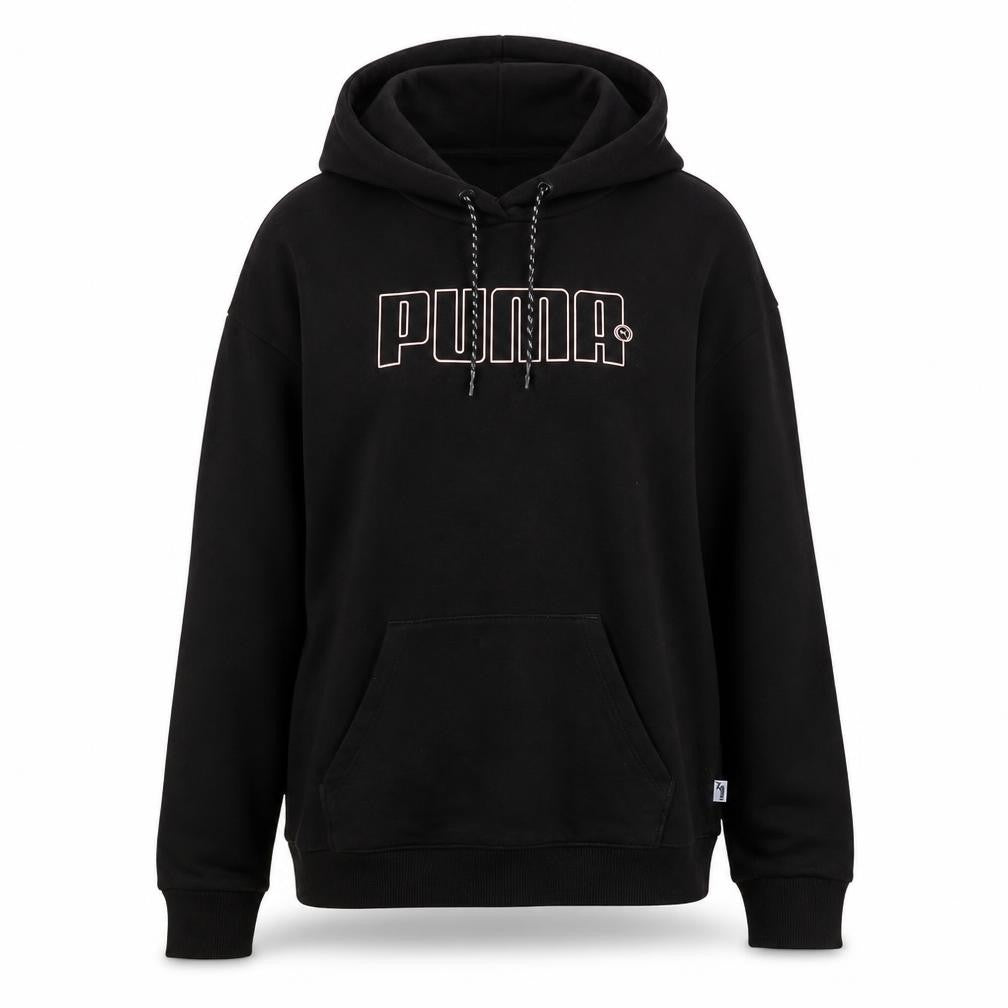 Front view of Puma women’s black pullover hoodie medium cotton blend logo