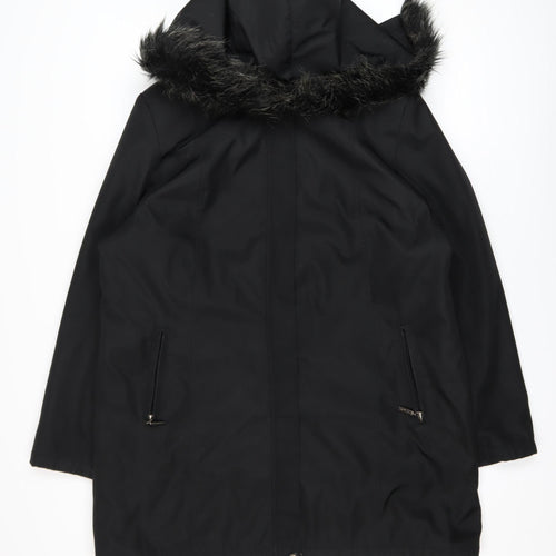 Bonmarché Women’s Black Long Hooded Parka Coat L Faux Fur Trim