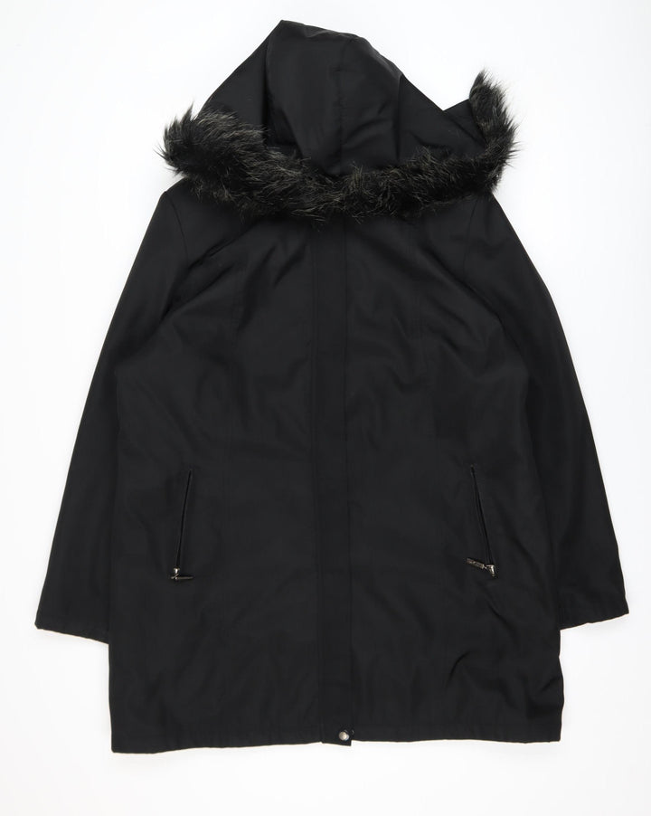 Bonmarché Women’s Black Long Hooded Parka Coat L Faux Fur Trim