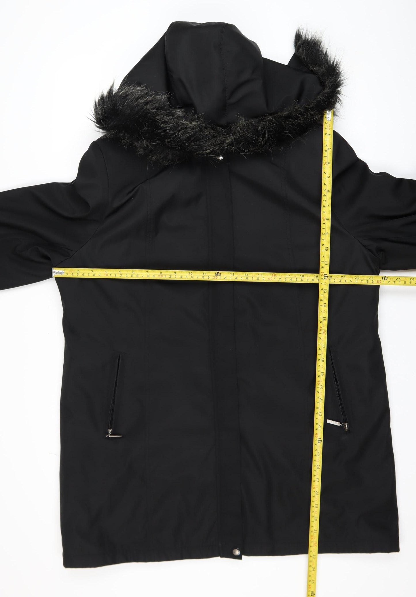 Bonmarché Women’s Black Long Hooded Parka Coat L Faux Fur Trim
