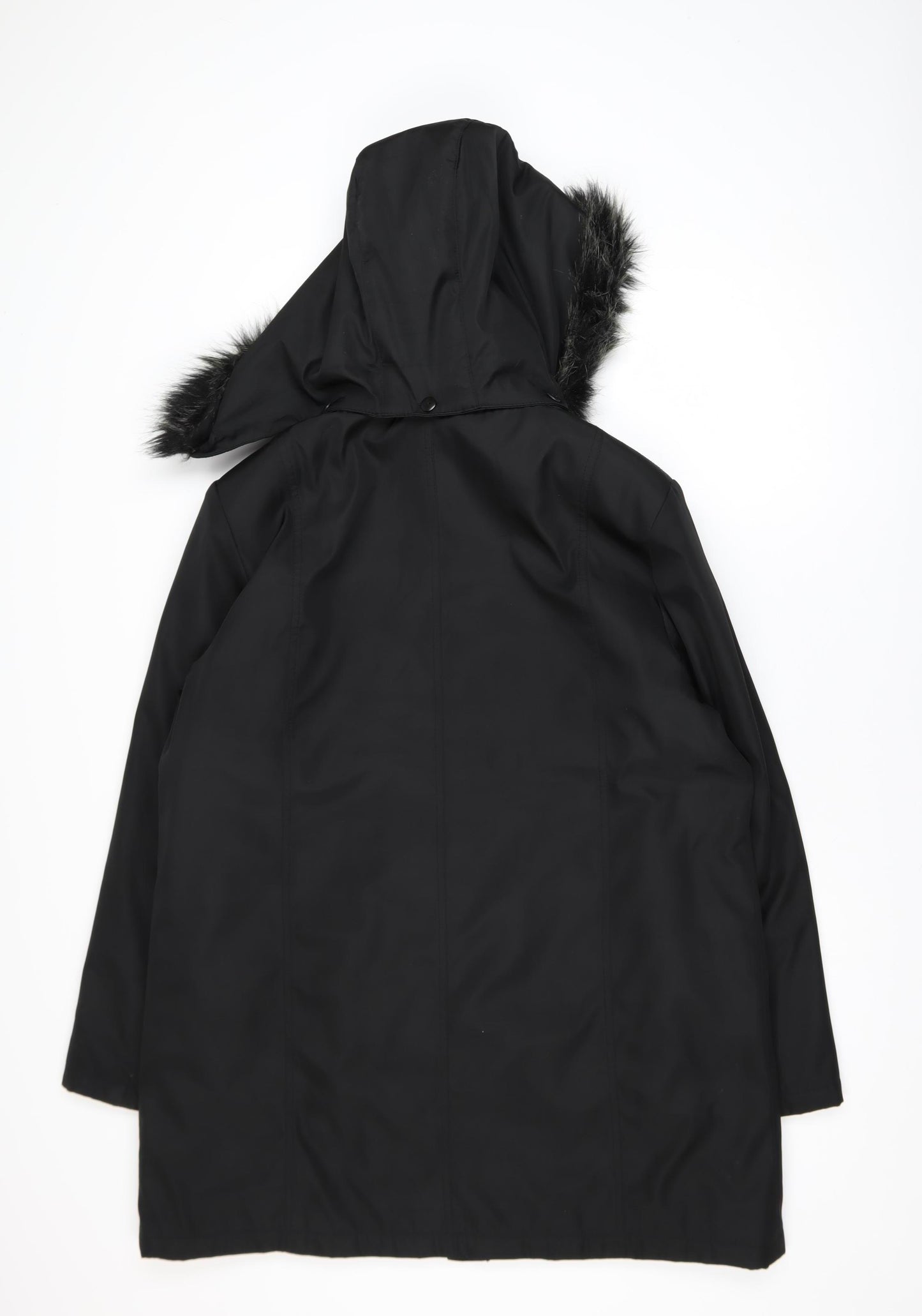 Bonmarché Women’s Black Long Hooded Parka Coat L Faux Fur Trim