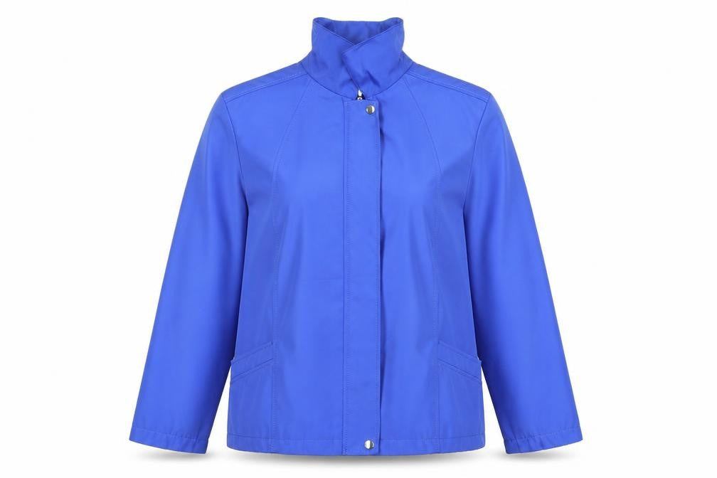 Front view of Bonmarché women’s blue l basic mid-length zip jacket