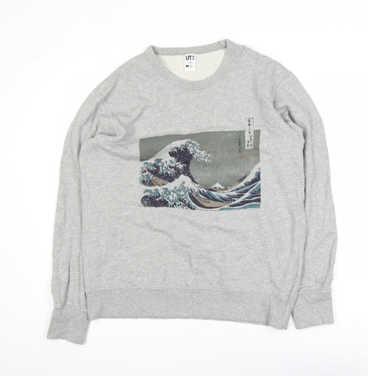 Uniqlo Men Grey Crew Neck Pullover Sweatshirt M Art Print