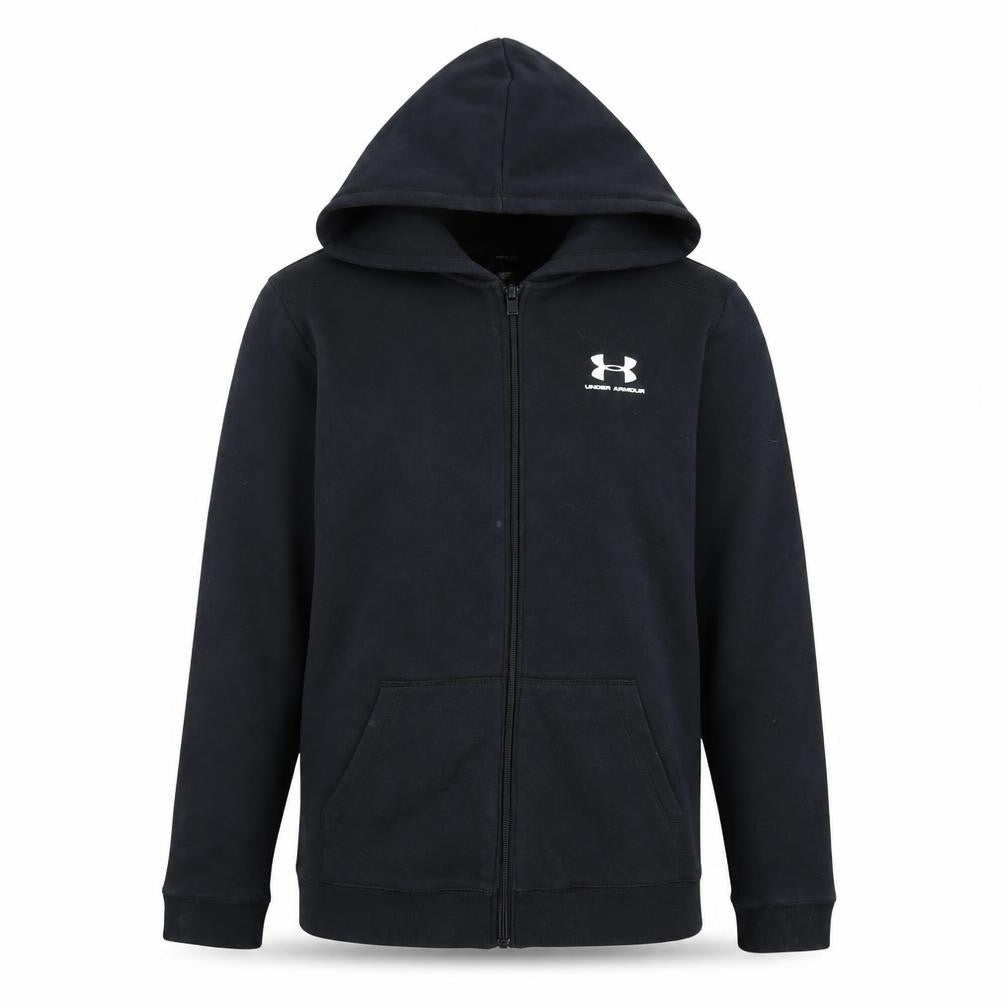 Front view of Under Armour boys’ black xl full zip hooded fleece active jacket