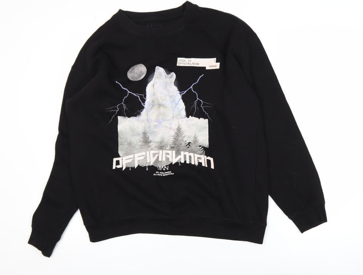 BoohooMAN Men's Black Graphic Wolf Sweatshirt Size S Regular Fit