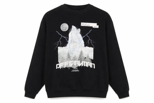 Front view of boohooMAN Men's Black Graphic Wolf Sweatshirt, size S, Regular Fit