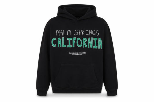 Front view of boohooMAN Men's Black Pullover Hoodie, size S, Graphic California