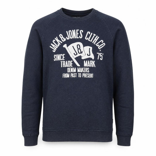 Front view of Jack & Jones Men's Blue Large Pullover Sweatshirt with Logo Print
