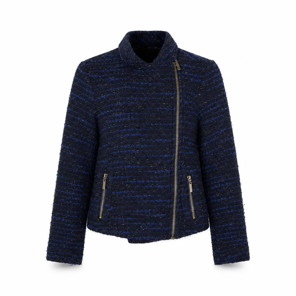 Front view of Linea Weekend Women's Blue Tweed Biker Jacket, size 8