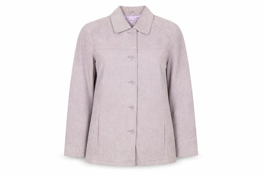 Front view of Kaleidoscope women’s purple suede mid-length jacket uk 16