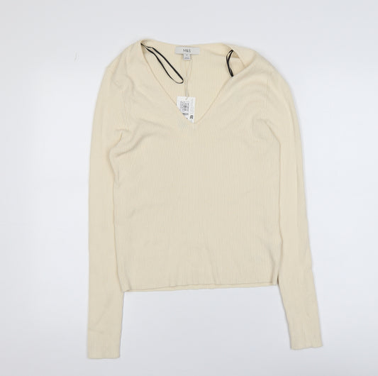 Marks and Spencer Women’s Beige V-Neck Ribbed Knit Long Sleeve Top M