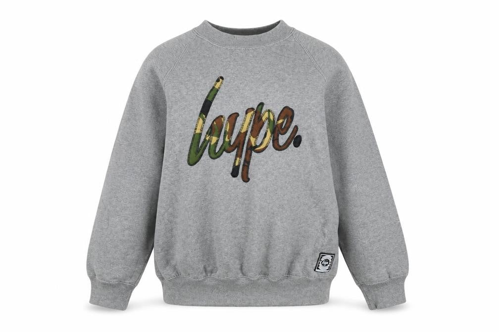 Front view of Hype boys’ grey large crew neck pullover sweatshirt with logo print
